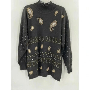 VINTAGE 80s Eminent Size MEDIUM Black Sweater Beaded Art to Wear Excellent UC